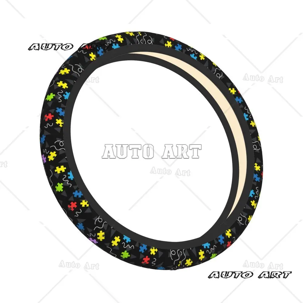 Świadomość autyzmu Kolorowy kawałek puzzli Pokrowiec na kierownicę samochodu Uniwersalny 14,5-15 cali Pogrubiony elastyczny pokrowiec na kierownicę