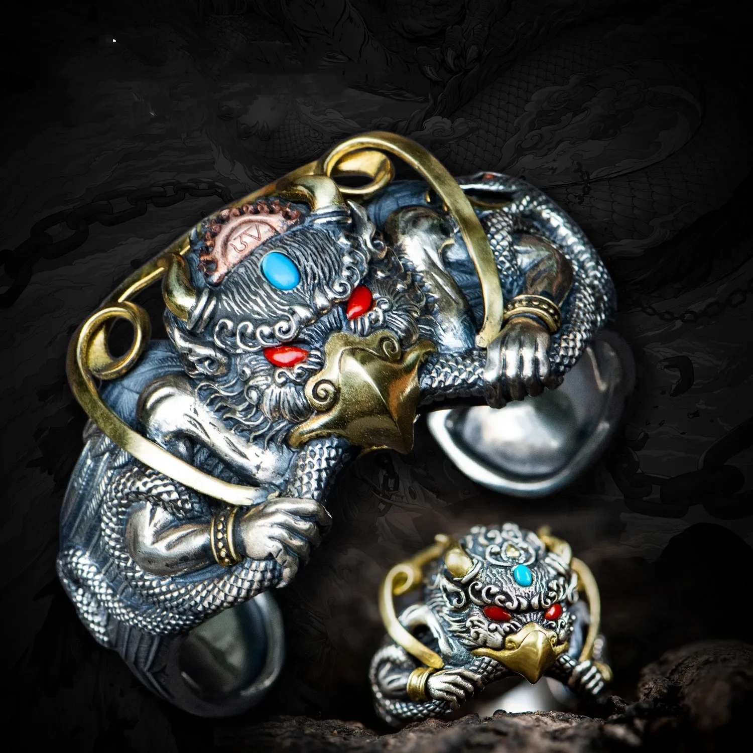 Red Distant Eastern EthnicStyle Jewelry Defeat The Evil Snake Spreading Wing Pengfei Dapeng Bird Ring Half Man Half Bird Jewelry