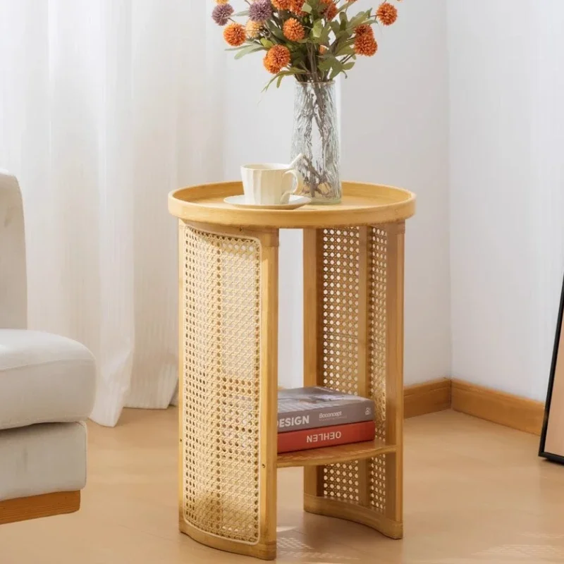 Japanese Side Tables Imitation Vine Weaving Coffee Tables 2-layers Heighten Room Desks Versatile Practical Living Room Furniture