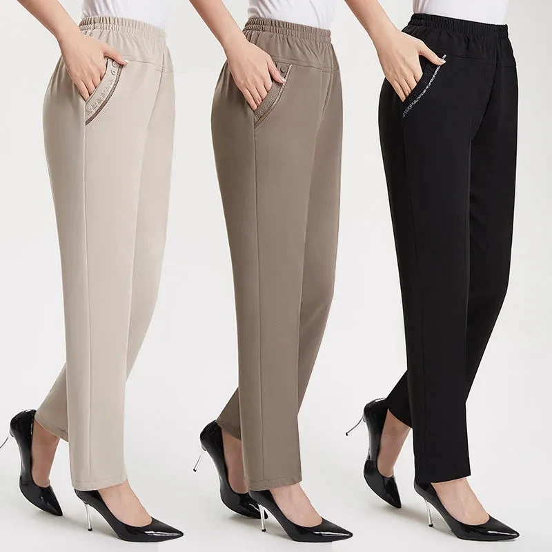 XL-7XL Large Size Women Pants Spring Summer Ice Silk Elastic Waist Female Trousers Casual Middle Aged Mother Stretch Pantalones