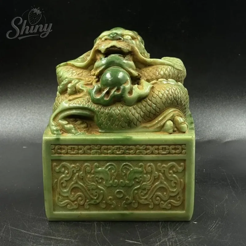 Antique Nine Dragons Playing with Pearl Seal Artificial Stone Ornament Imperial Jade Seal Living Room Decor
