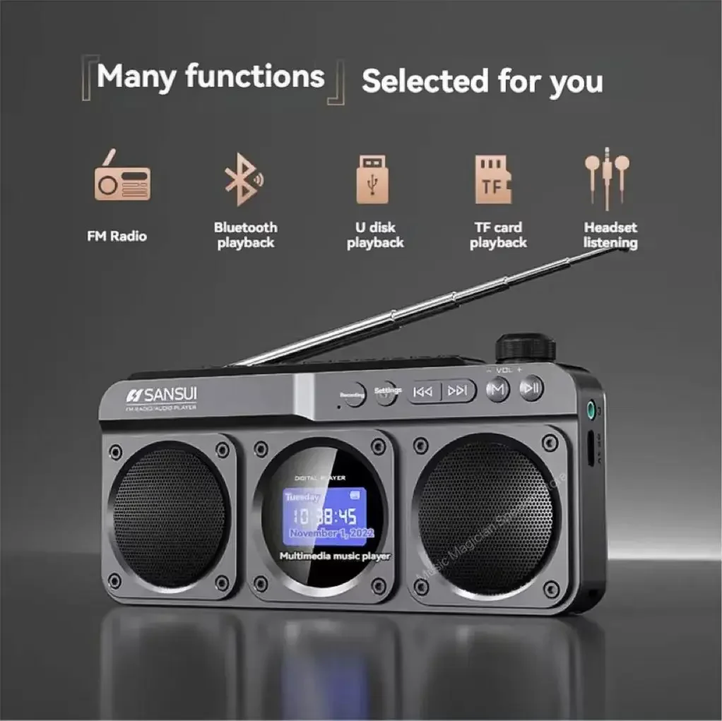 Small Portable Charging Radio with Bluetooth Multi-function Speakers LED Clock Lyrics Display Switch Between Chinese and English