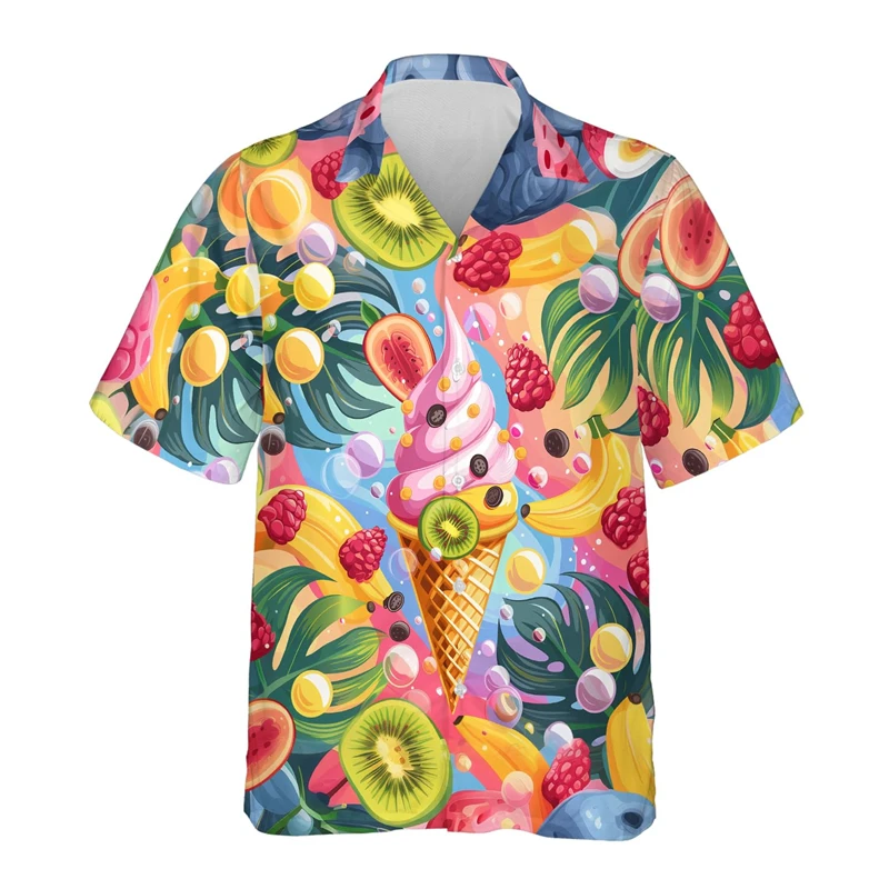 Abstract Ice Cream Beach Shirt Cartoon Popsicle Shirts For Men Clothes Casual Hawaiian Unisex Lapel Blouse Female Short Sleeve