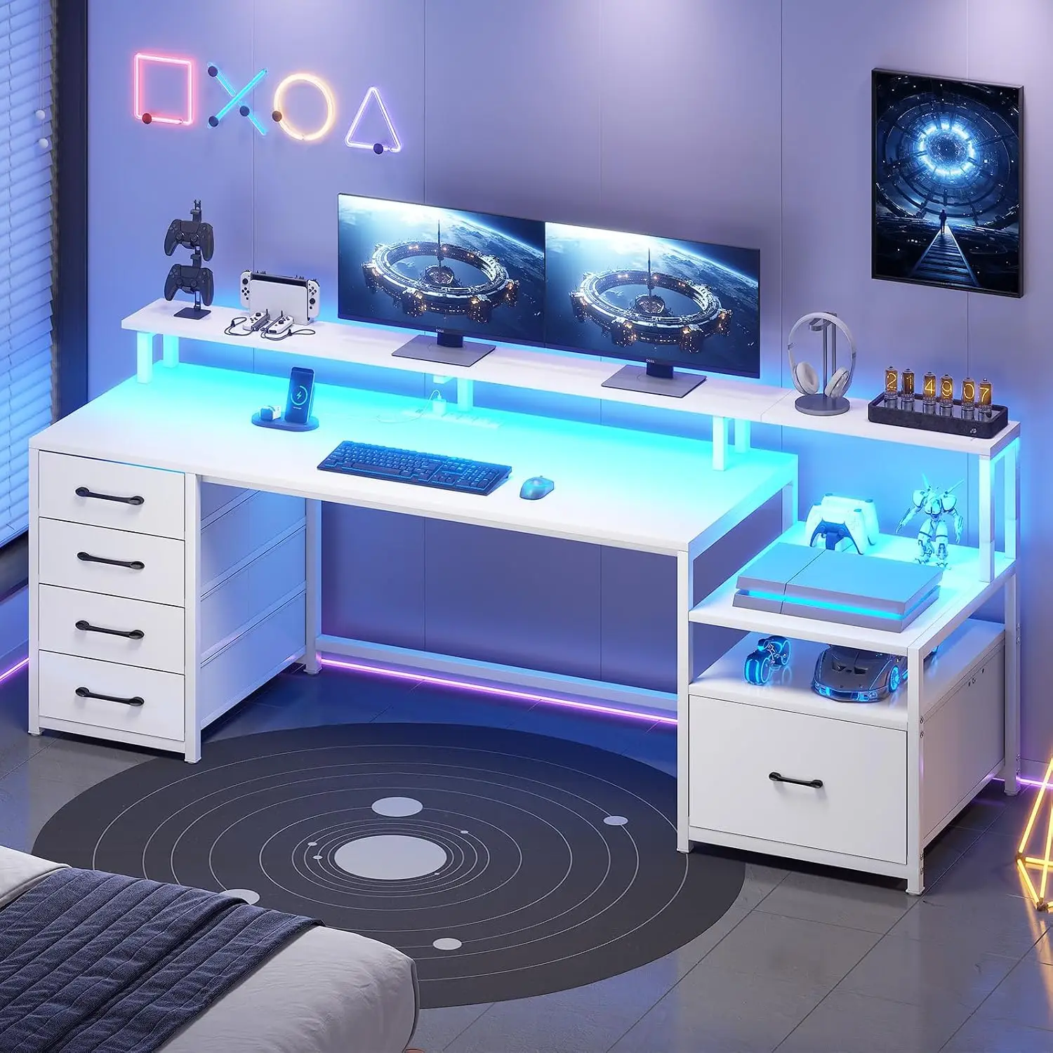 Computer Desk with 5 Drawer, Power Outlet, Led Lights, White | 66'' Home Office Desk with File Drawer, Storage,, Customized