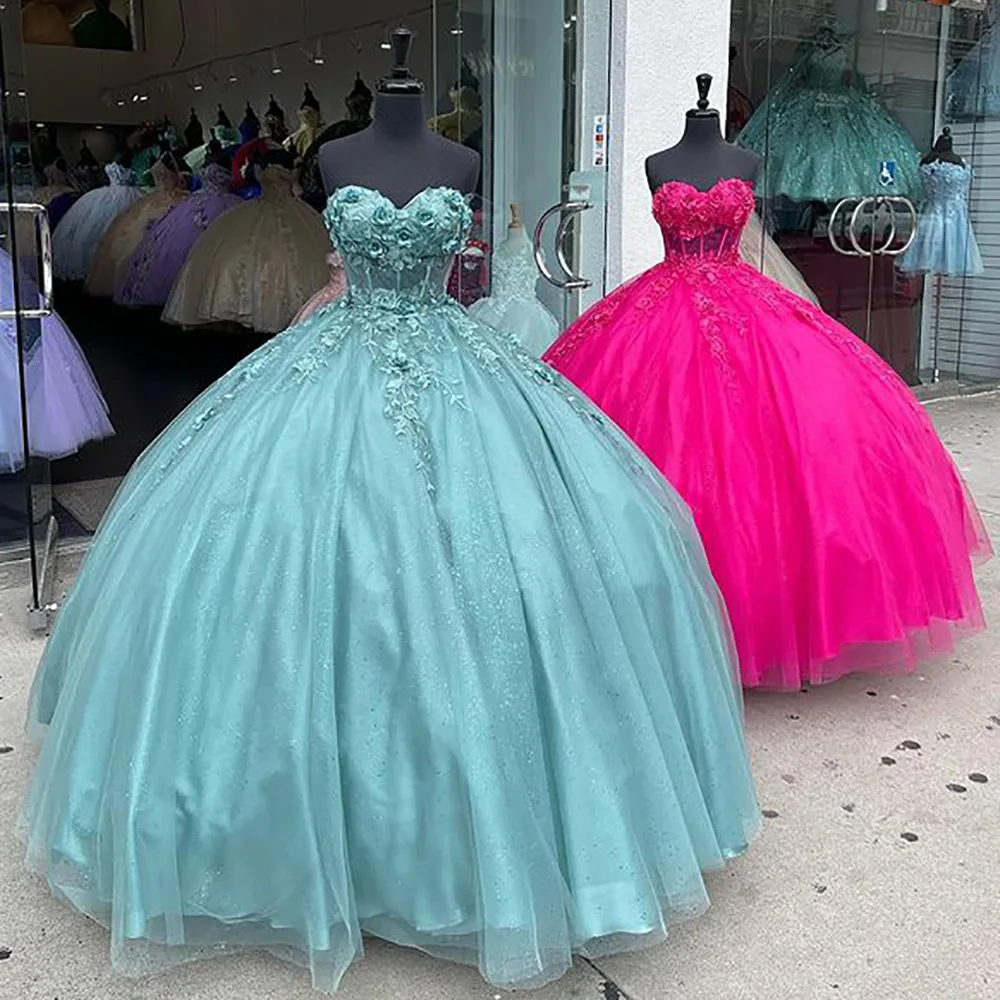 Vestido De quinceañera con flores en 3D, traje fucsia con cristales, escote Corazón, Apliques De encaje, 15 Años