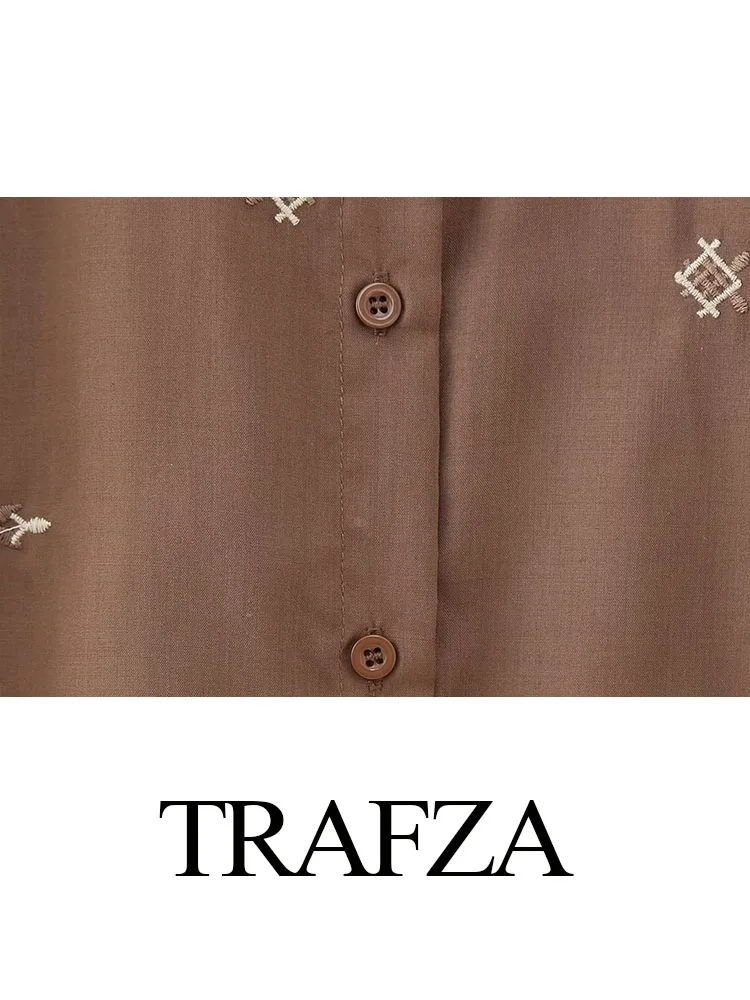 Trafza-女性の刺繍入りカジュアルブラウス,長袖シャツ,ラペルボタン,シックなトップス,オフィス,女性のファッション,2023