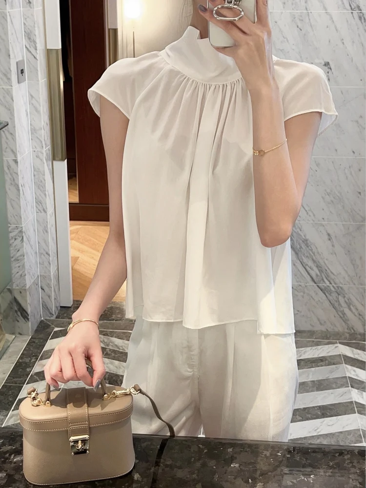 

Женская модная туника с воротником-стойкой, свободного кроя, из тюля, с завязками на спине, стильная, для делового повседневного стиля, из полиэстера, с коротким рукавом