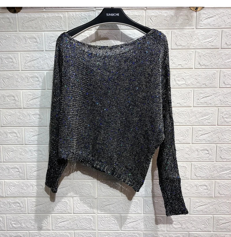 Irregular Sloping Shoulder Hollow-out The Knitting Coat Fall Clothes for Women Fashion Sexy Aesthetic Sweater Sequined