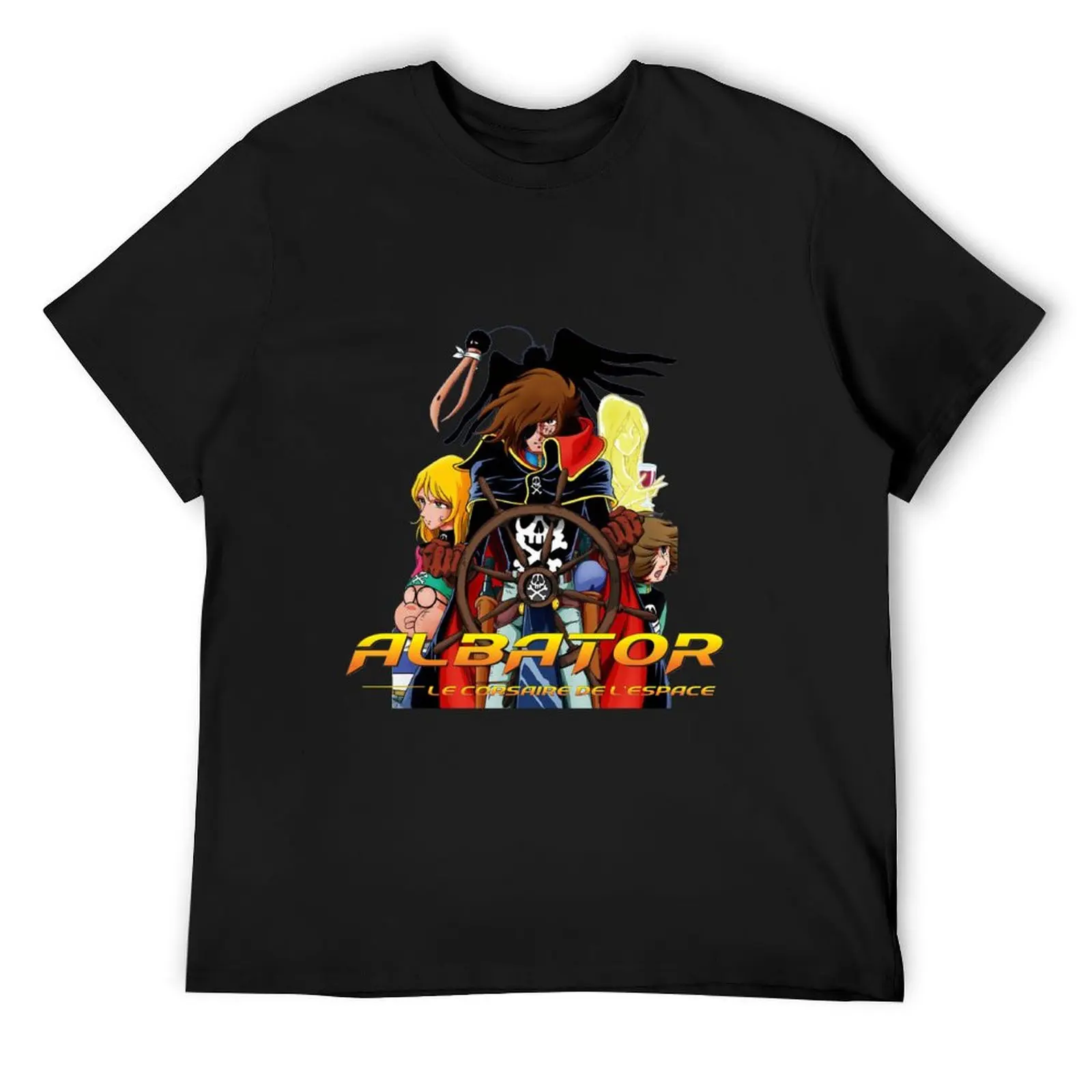 Space pirate albator on ship holds the helm with teammates T-Shirt vintage cute tops t shirts men