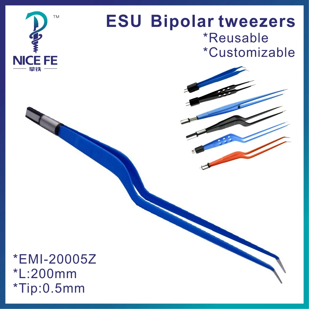 Reusable IEC Blue Bipolar tweezers Forceps Curved for Electrosurgical unit，L:20cm, tip 0.5mm биполярный пинцет