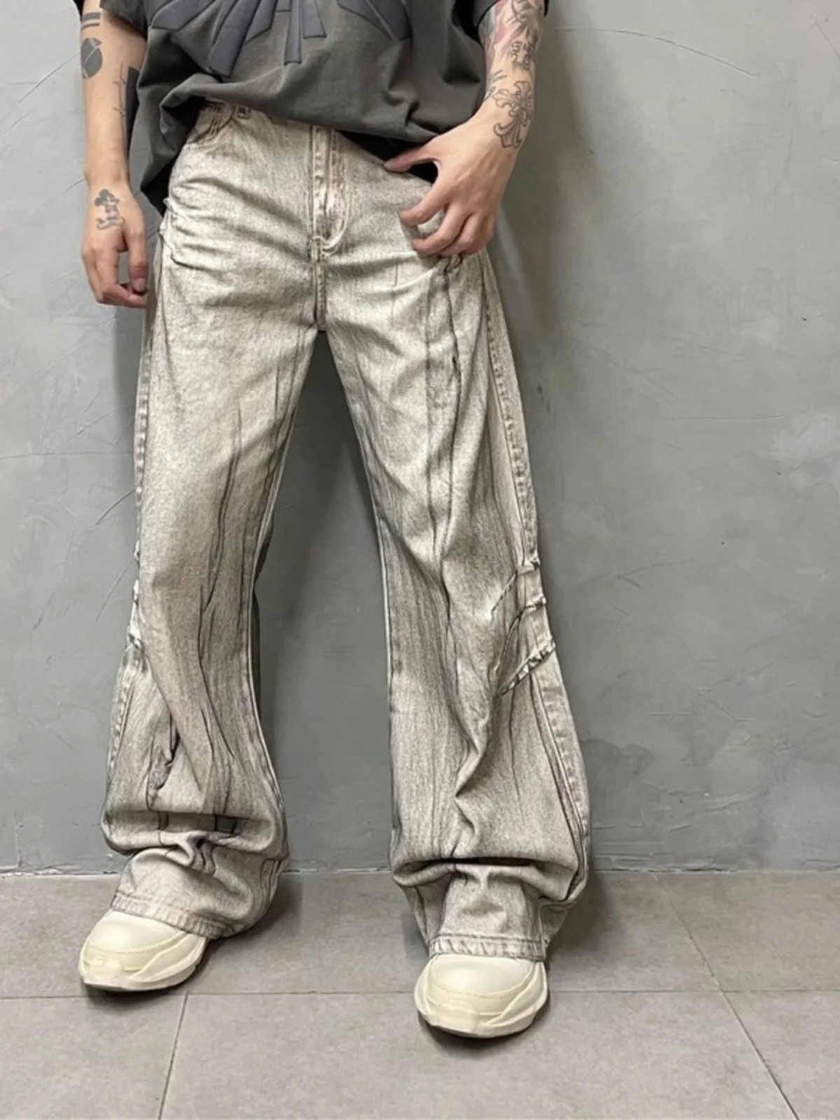 

Waste Soil Wind Washed Distressed Stitching Wide Leg Jeans Personality Gray Loose Casual Pants Fashion Trendy Trousers