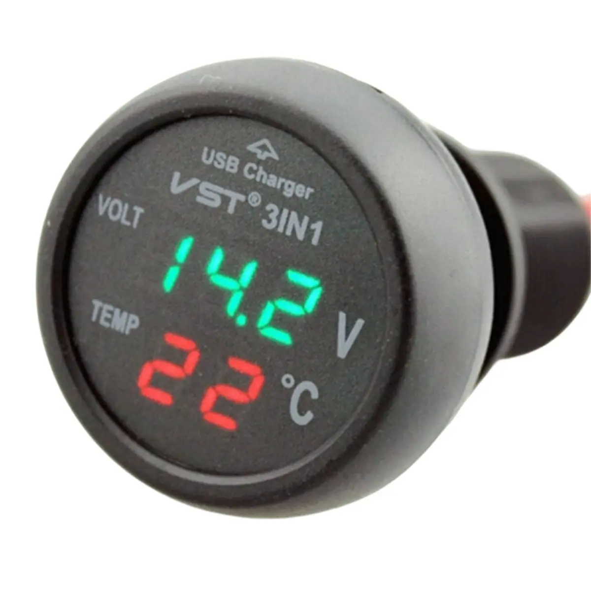 AA25 Car Voltmeter Tester 3in1 Digital Voltmeter Thermometer LED Display 12/24V 2.1A Lighter USB Car Charger