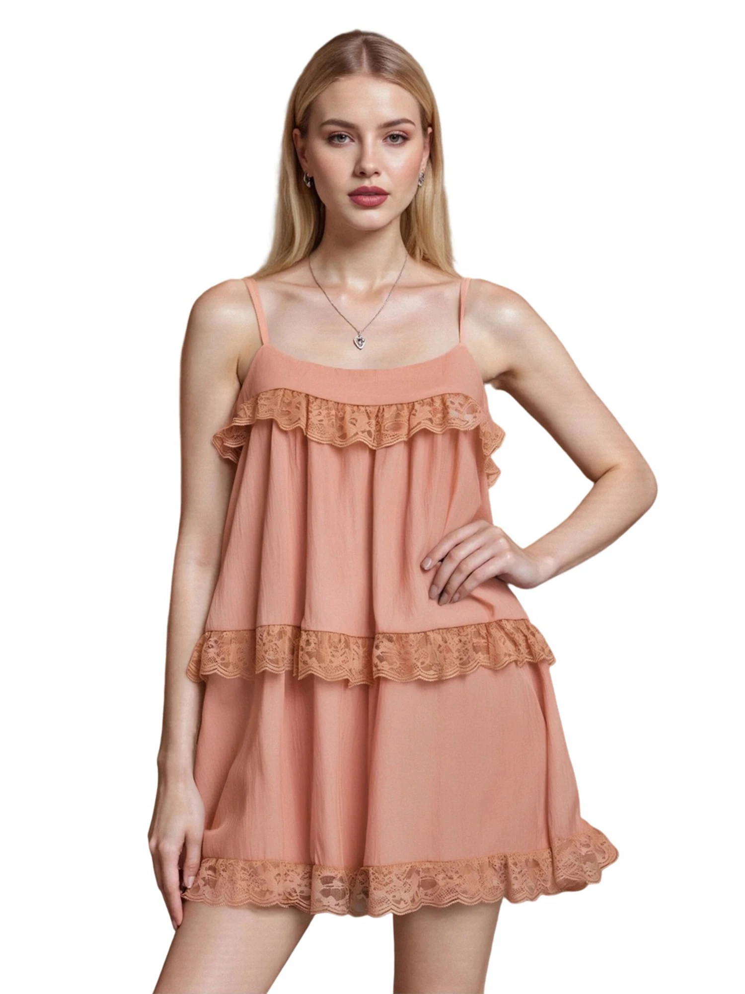 Abito estivo da donna mini canotta senza maniche con finiture in pizzo tinta unita floreale