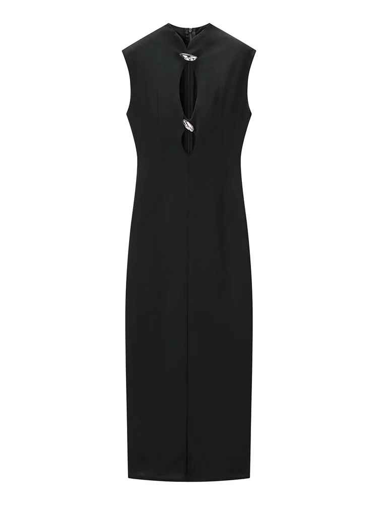 Tossy Fashion Metallic Hollow Out Long Dress Women's High Waist Sleeveless Solid Elegant Party Dress Female Summer Maxi Dress