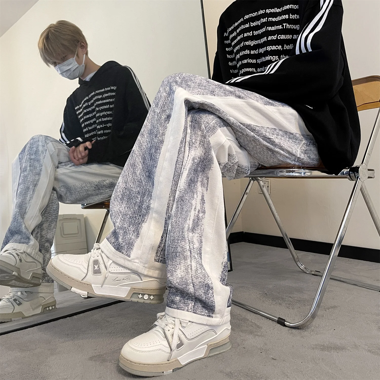 Distressed Vintage Patchwork Jeans Pants Men Casual Straight Denim Trousers Male Streetwear Fashion Jeans Black/Blue/Coffee