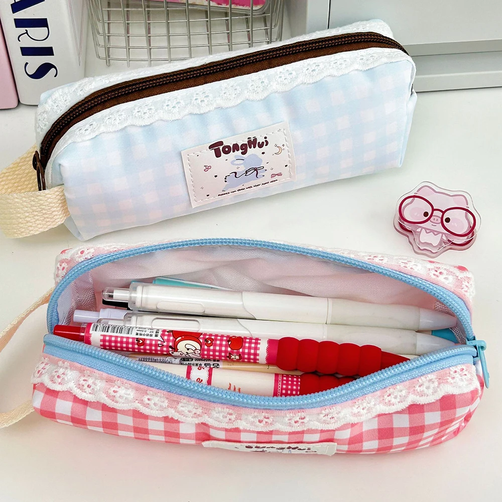 Jolie trousse à crayons en dentelle dopamine avec un appel esthétique élevé, style Instagram, rangement de papeterie pour étudiantes