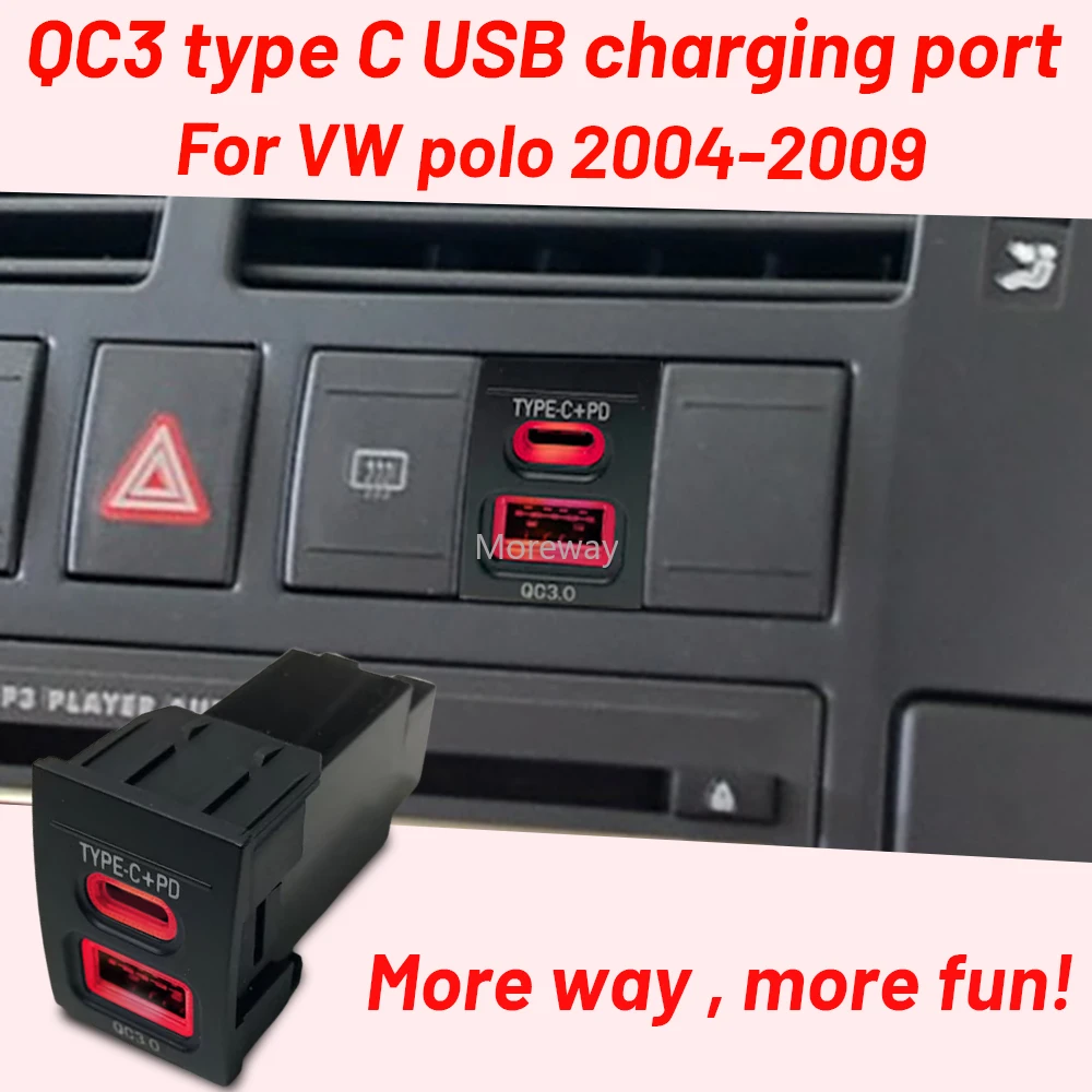 12 فولت شحن سريع منافذ مزدوجة USB Type-C PD شاحن ذكي واجهة المقبس لفولكس واجن بولو 2004 2007 2009 ضبط داخلي