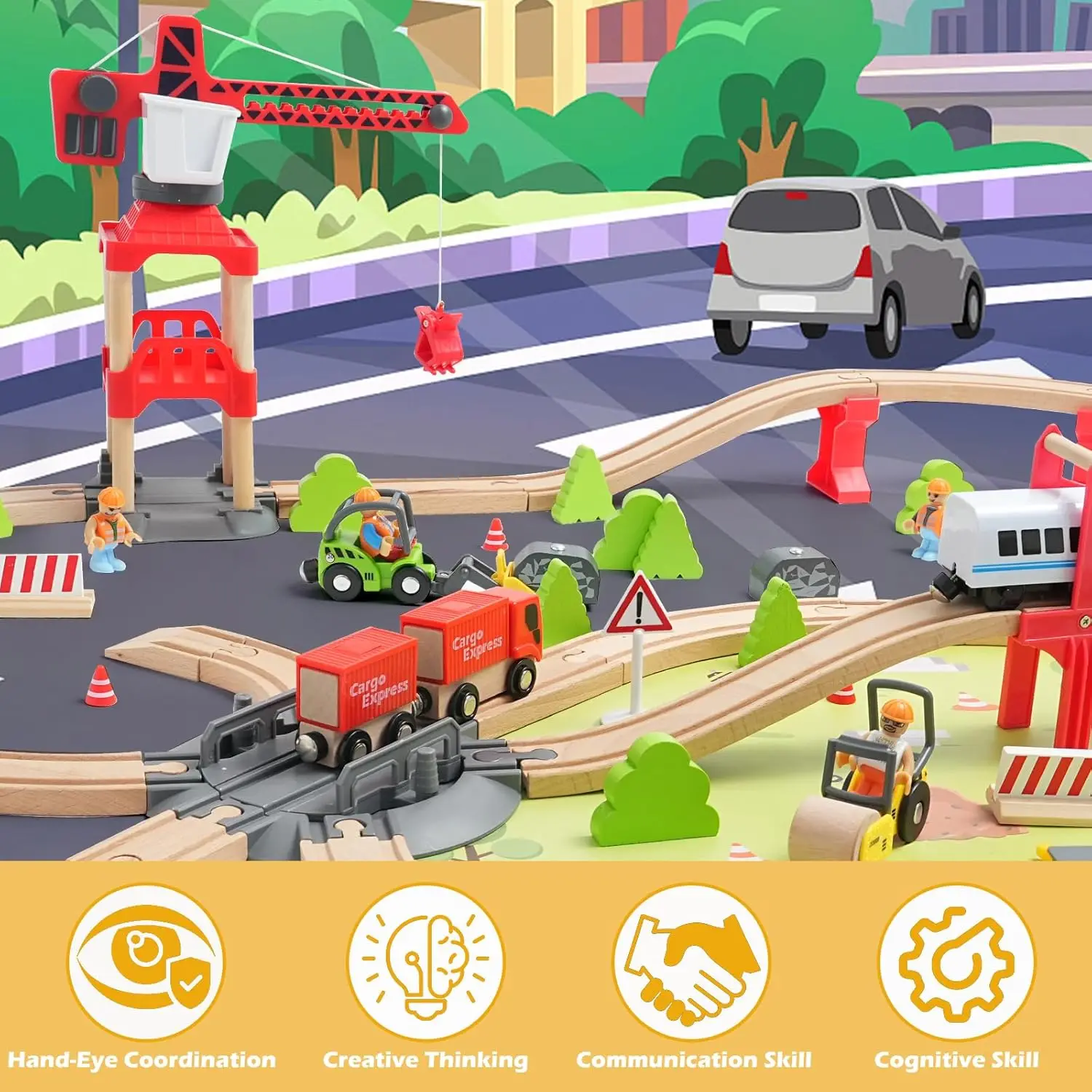 유아용 104피스 나무 기차 세트, 3-6세 어린이용 트랙이 있는 자석 기차, 주요 브랜드와 호환 가능, 조립