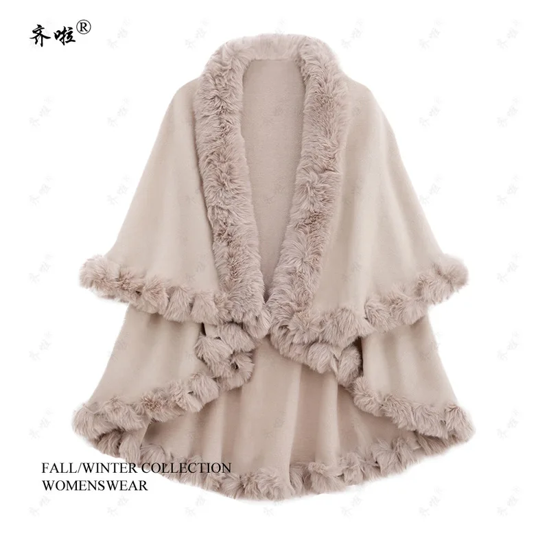 New Winter Thicken Mink Wool Full Trims Faux Fur Cape - Women's Hooded Loose Fleece Cloak Coat Party Dress Wraps Warm
