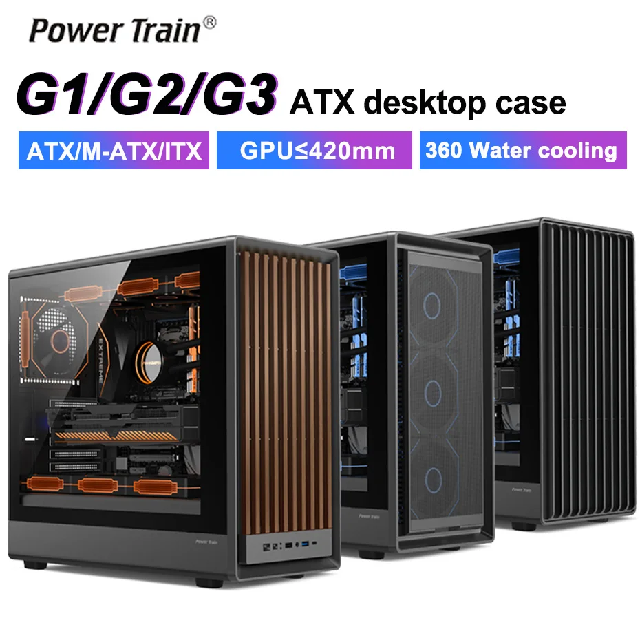 Power Train G1 G2 G3 Mesh Side Transparent Desktop Computer Case Support ATX/MATX/ITX Motherboard 360 Water Cooling Compatible