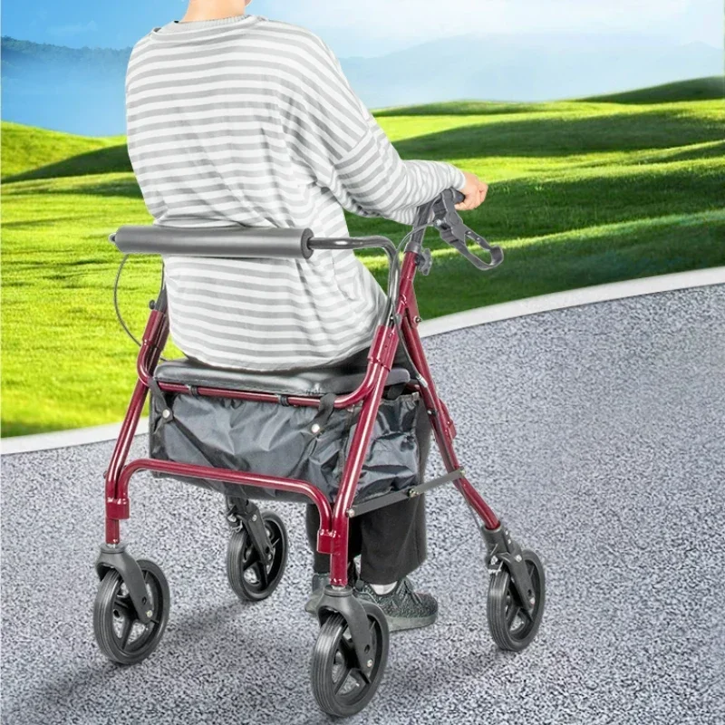 Elderly Shopping Cart with Backrest - Four-Wheeled Portable Walker, Rehabilitation Trolley with Comfortable Seating