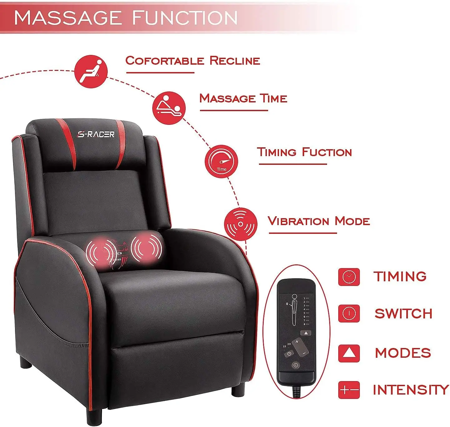 Gaming Massage Liegestuhl Rennstil Einzel Wohnzimmer Sofa Liege Pu Leder Liege Sitz Theater Sitzplätze (rot)