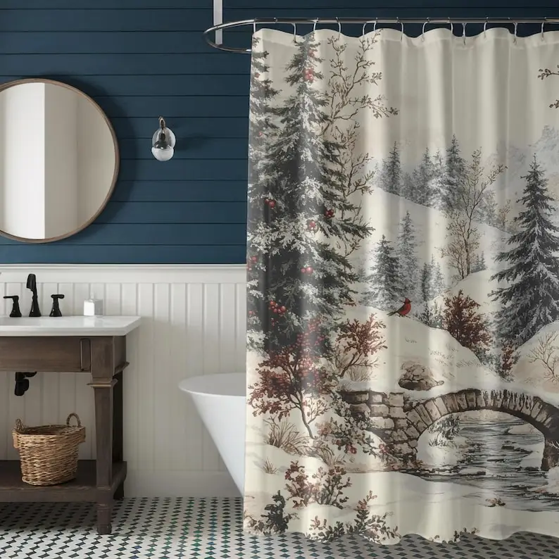 ستارة دش لمشهد الجبال لعيد الميلاد مع الخضرة الدائمة للشتاء والكاردينال، ديكور طبيعي جمالي لعطلة الحمام المنعشة #2