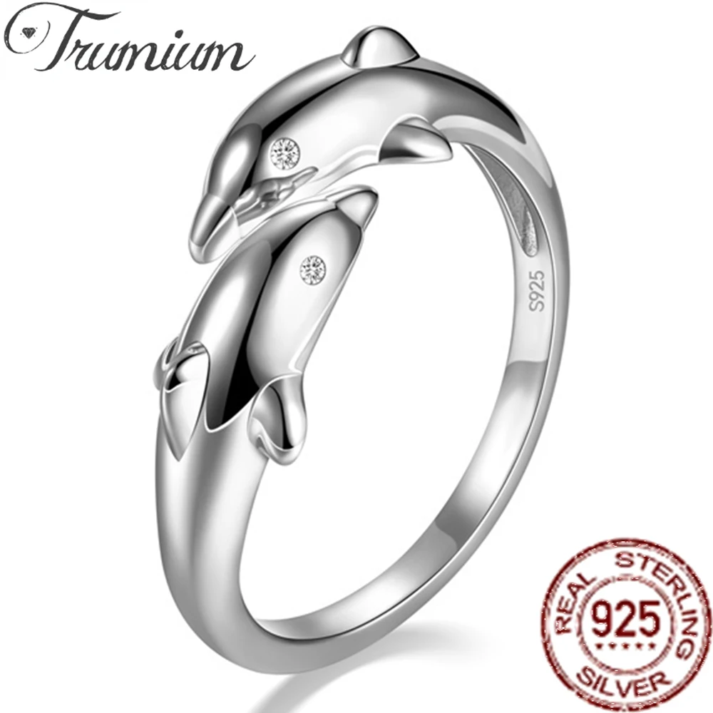 

Trumium 100% 925 Silver Ring Trendy Dolphin Animal rings for Women Girl Finger Fine Jewelry Women Open No Fade Whosales