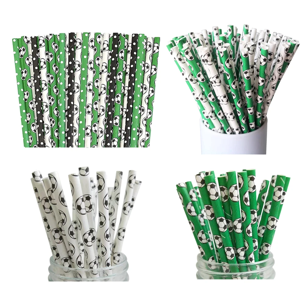 Soccer Straws Green White Disposable Paper Straws Children Boys Birthday Party Club Sport Football Competition Party Supplies