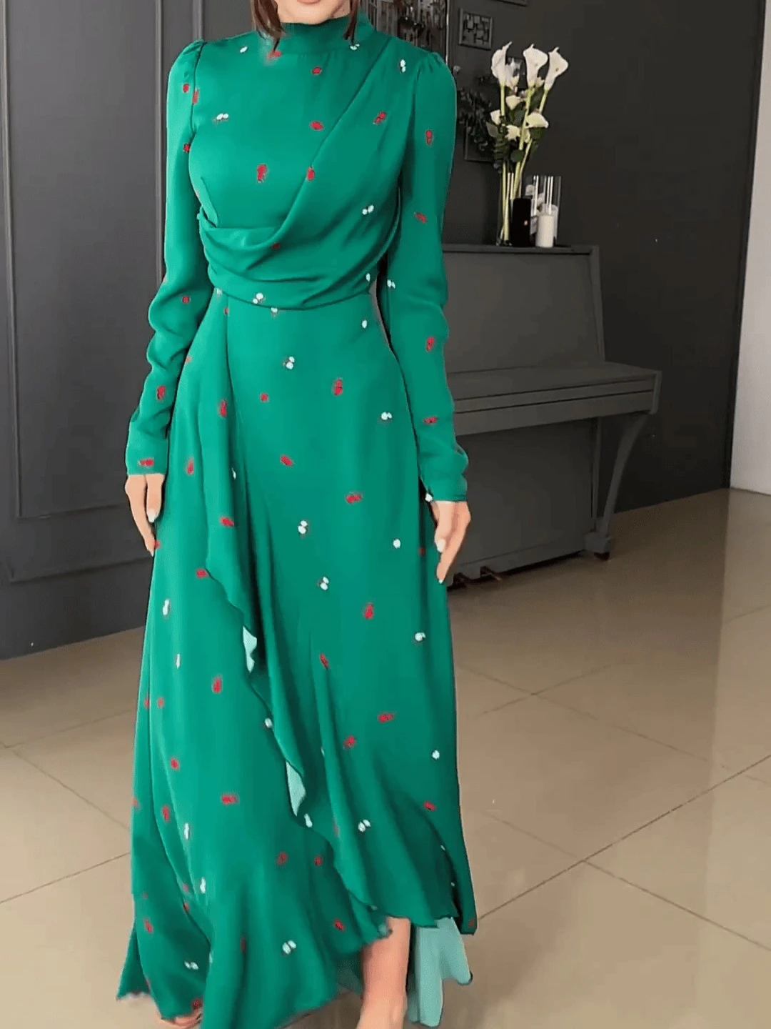 Femmes Eid robes musulmanes Abaya ourlet à volants col roulé imprimé Ramadan marocain magnifique robe de soirée caftan arabe robes coupe ajustée