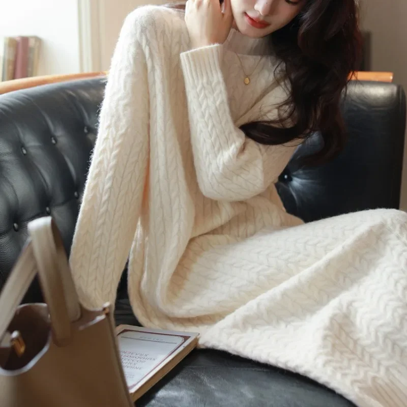 

Thicken Long Knitted Dress Women Twist Autumn Winter Turn-down Loose Long Sweater Dress Female Apricot Loose Knitwear