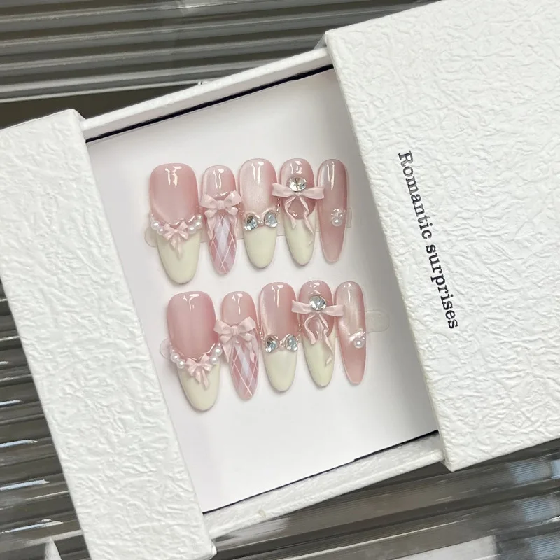 

10 шт. накладных ногтей с розовым 3D-бантом и эффектом кошачьего глаза, с блестками, съемные, градиентные, в стиле Ins Blush