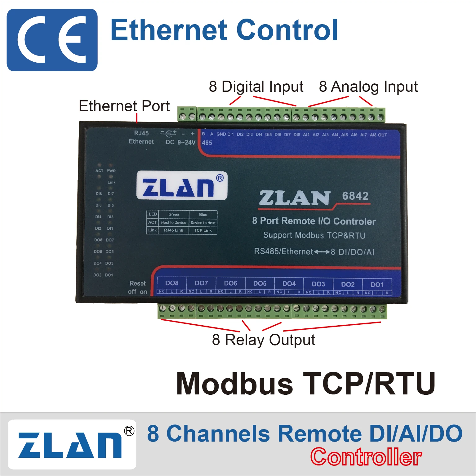 Contrôleur Modbus Tcp Io Tech Ethernet, citations d'entrée numériques, sortie analogique, réseau Rs485