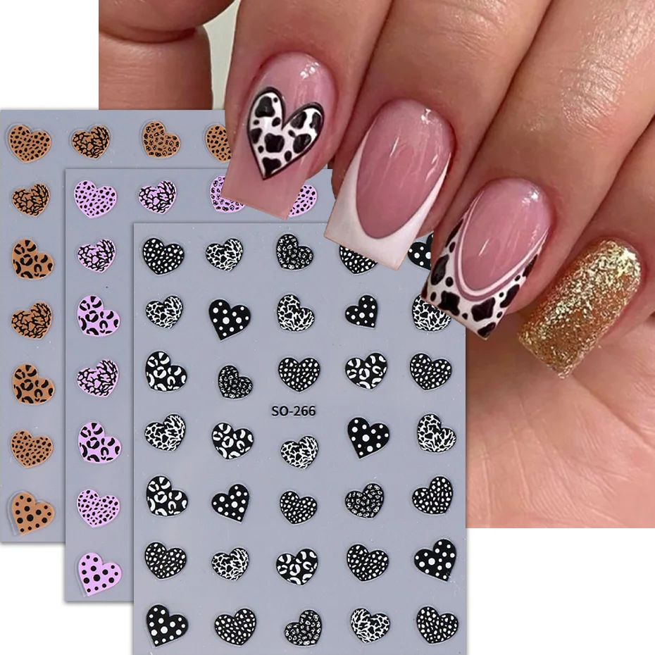 3D Leopard Cow Spot Print Love Heart Nail Art Sticker Black Pink Brown Valentine's Day Decal Slider DIY Manicure Decoration Tips