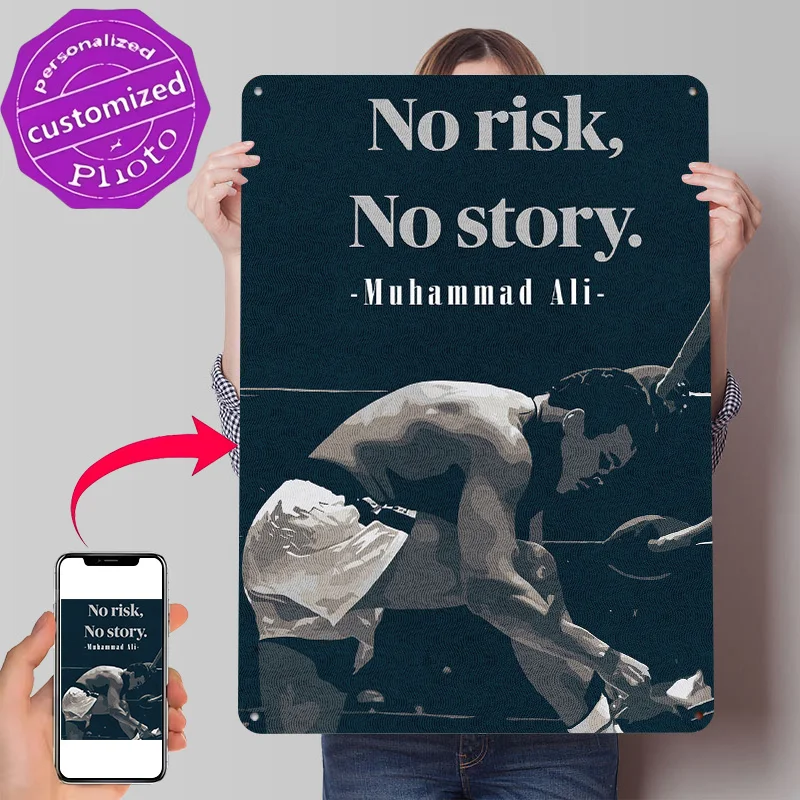 Muhammad Ali: No Risk No Story Personalized 3D Textured Metal Poster Wall Art Vintage Tin Signs for Home and Decoration Gaming