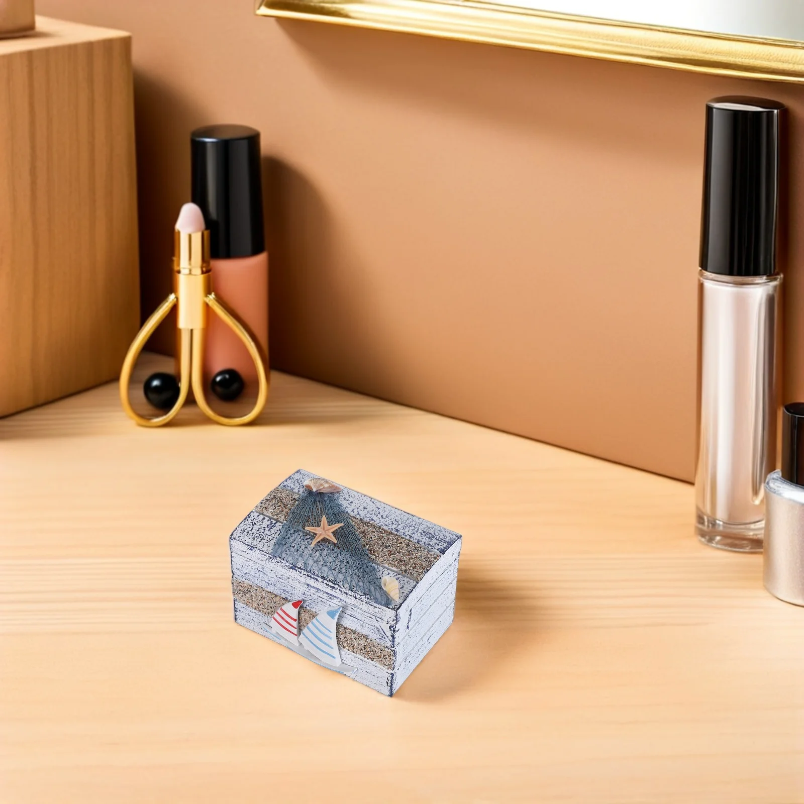 

Wooden Trinket Box Mediterranean Style Coastal Sailboat Design Small Item Organizer Portable Storage Case for Keys Jewelry