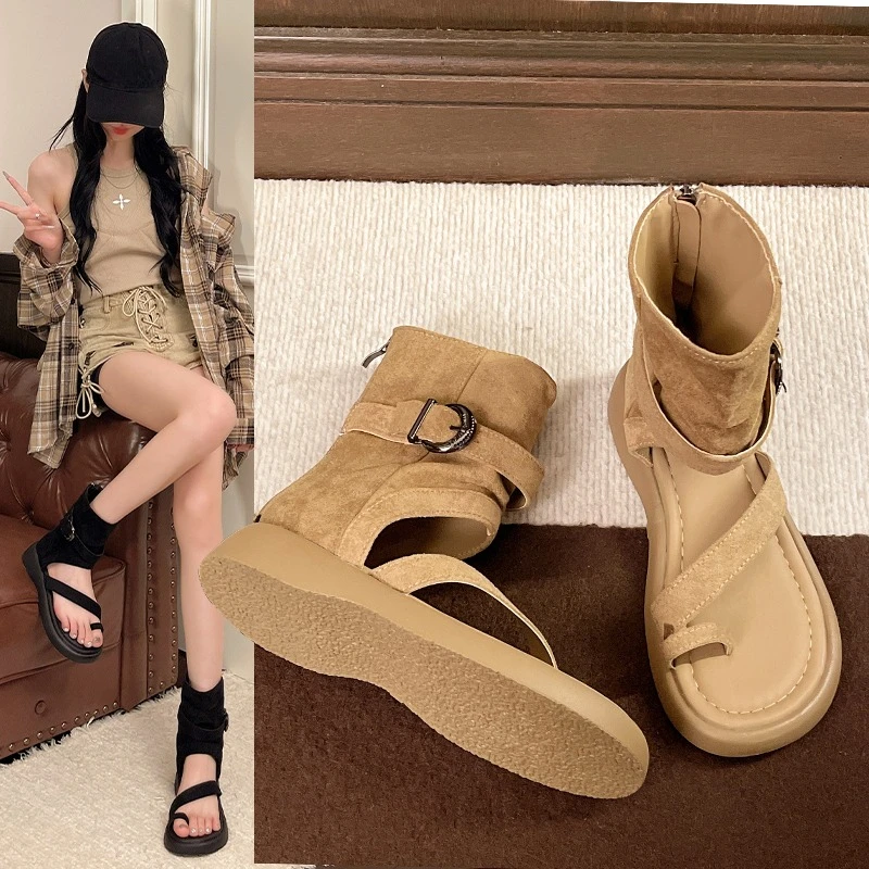 

Женские сандалии в римском стиле на толстом каблуке с молнией и пряжкой сзади, высокие, модные летние укороченные ботинки, Zapatos De Mujer