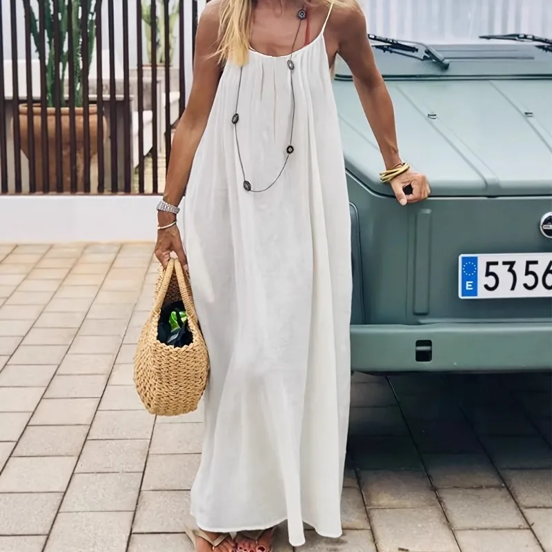 2026 Solid Color Vacation Cool Homewear Loose-Fit Spaghetti Strap Dress Women's Casual Homewear Summer Dress