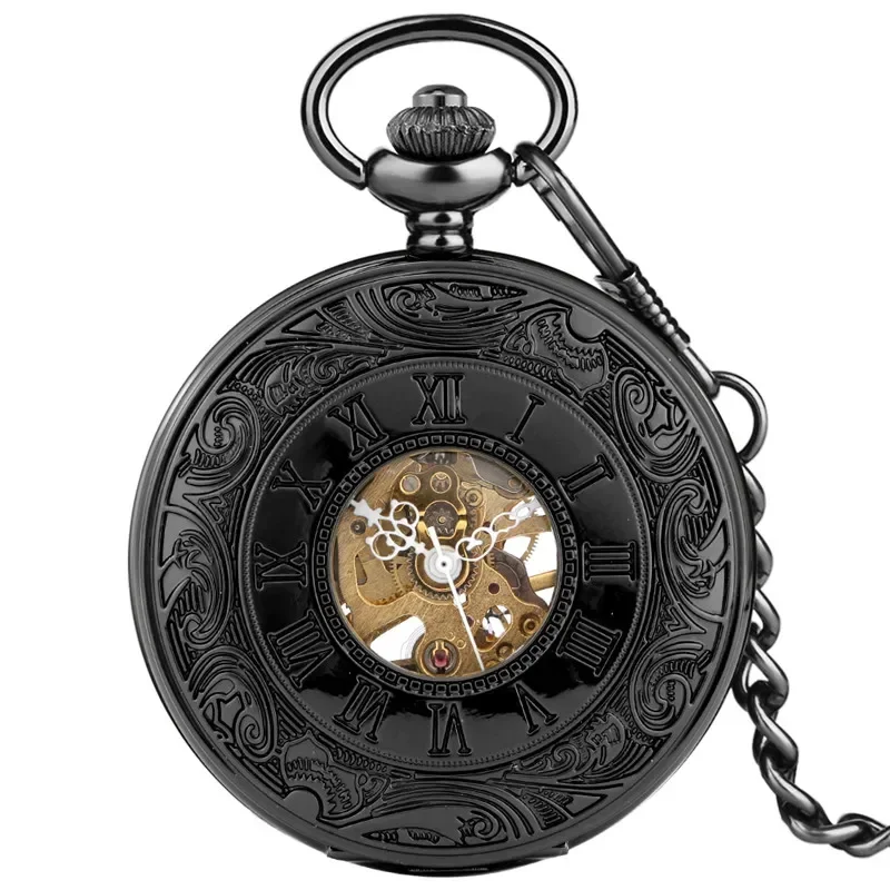 Steampunk Black Handwinding Mechanical Skeleton Pocket Watch for Men Women Pendant Chain Clock Carving Roman Number Timepiece