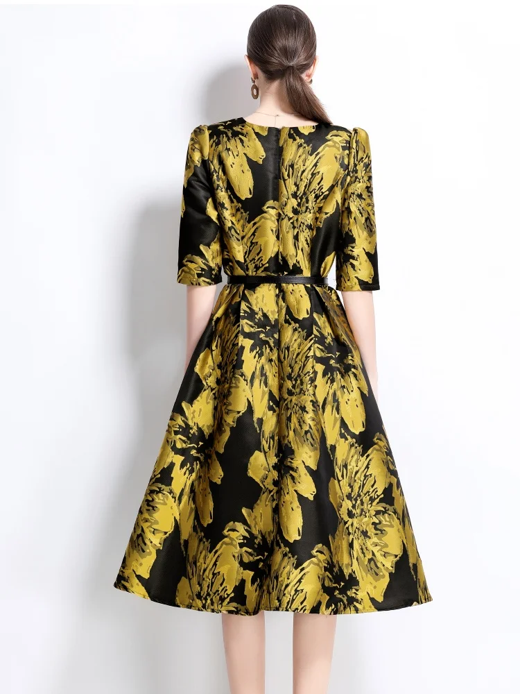 Nuova primavera temperamento francese elegante jacquard abito squisito da donna o-collo mezza manica abiti a vita sottile