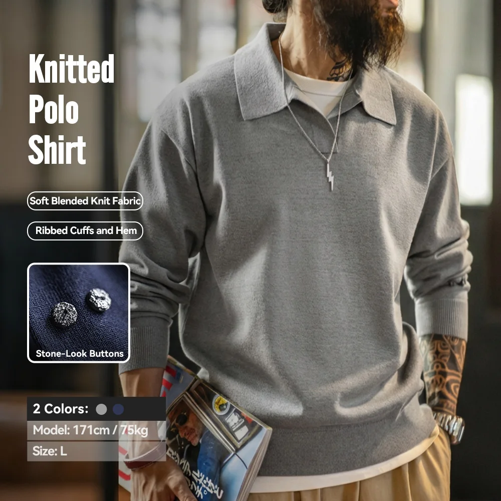 Maden Vintage Men's Knitted Polo Shirt Solid Color Long Sleeve Sweatshirt Soft Lapel Layer Pullover Knitwear for Autumn Commuter