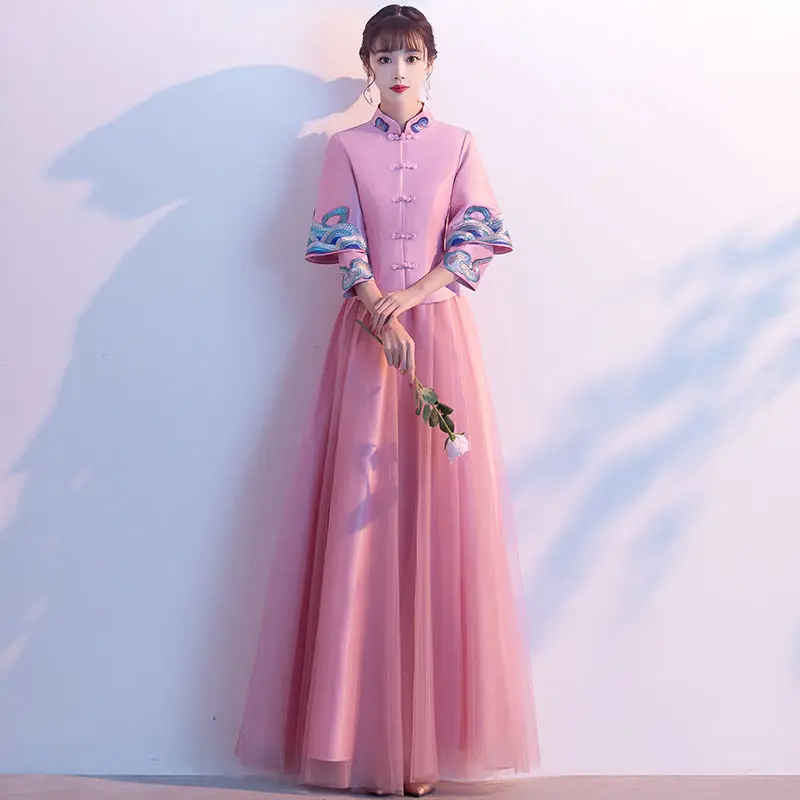 

2023 Pink Bridesmaid Dress Chinese Stand Up Collar Wedding Dress Three Quarter Sleeves Lady Style Hanfu Tang Chinese Suit