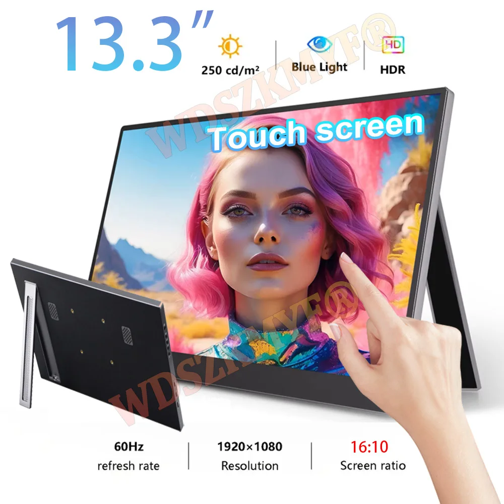 

13,3-дюймовый портативный сенсорный монитор с сенсорным экраном 1,2K HDR с низким синим светом для XBox PS4/5 Switch, удлинение сотового телефона, ПК, Loptop