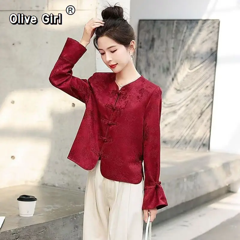 Chinese Traditional Top Tang Red Jacquard Embroidered Button Up Coat Jacket Autumn Spring Outerwear Modern Chinese Clothing