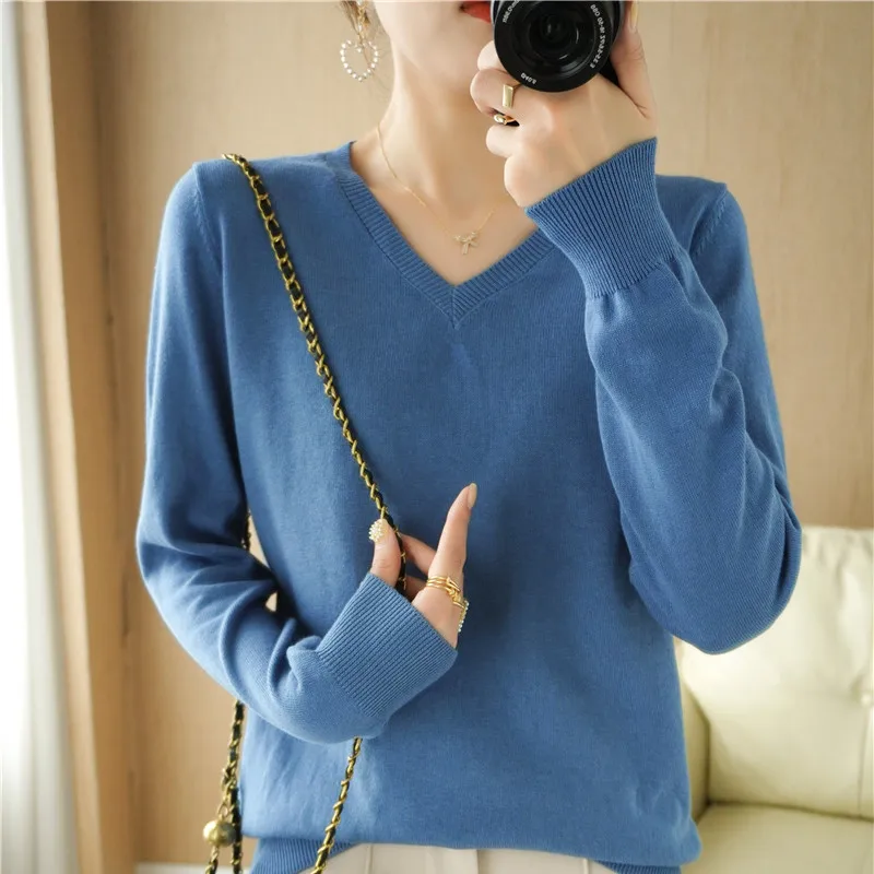 2023 New Women\'s Sweater 100% Cotton V-Neck Casual Knitting Solid Color Pullover Loose Fashion Long Sleeve Korean Women\'s Top