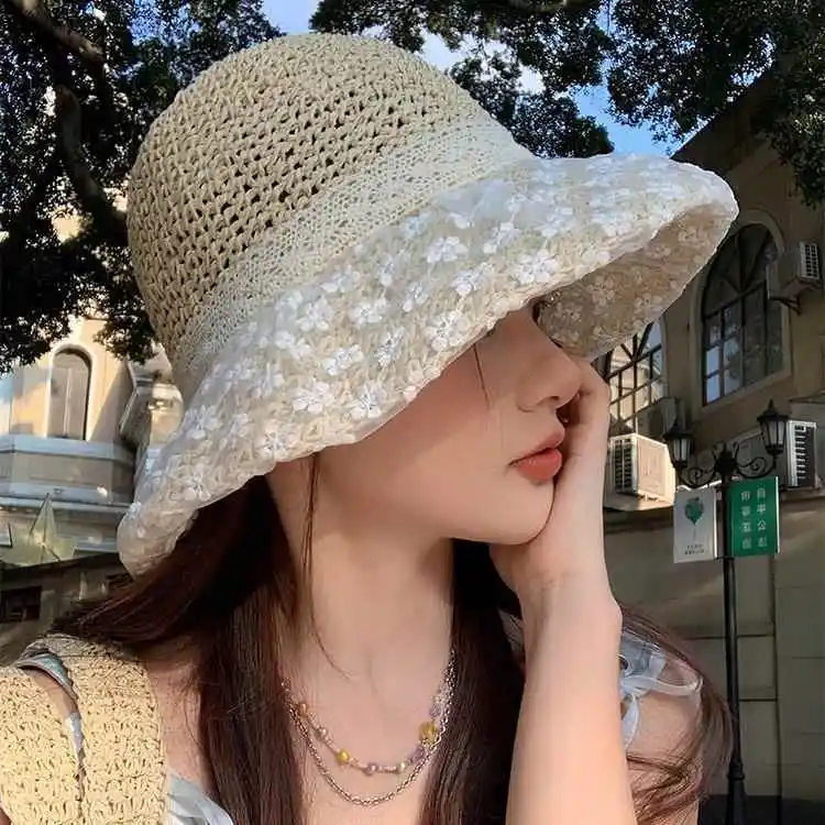 Women's Outdoor Travel Sun Hat Large Brim Lace  Knot Straw Hat UV Protection Sunshade Hat  Style Summer New Model