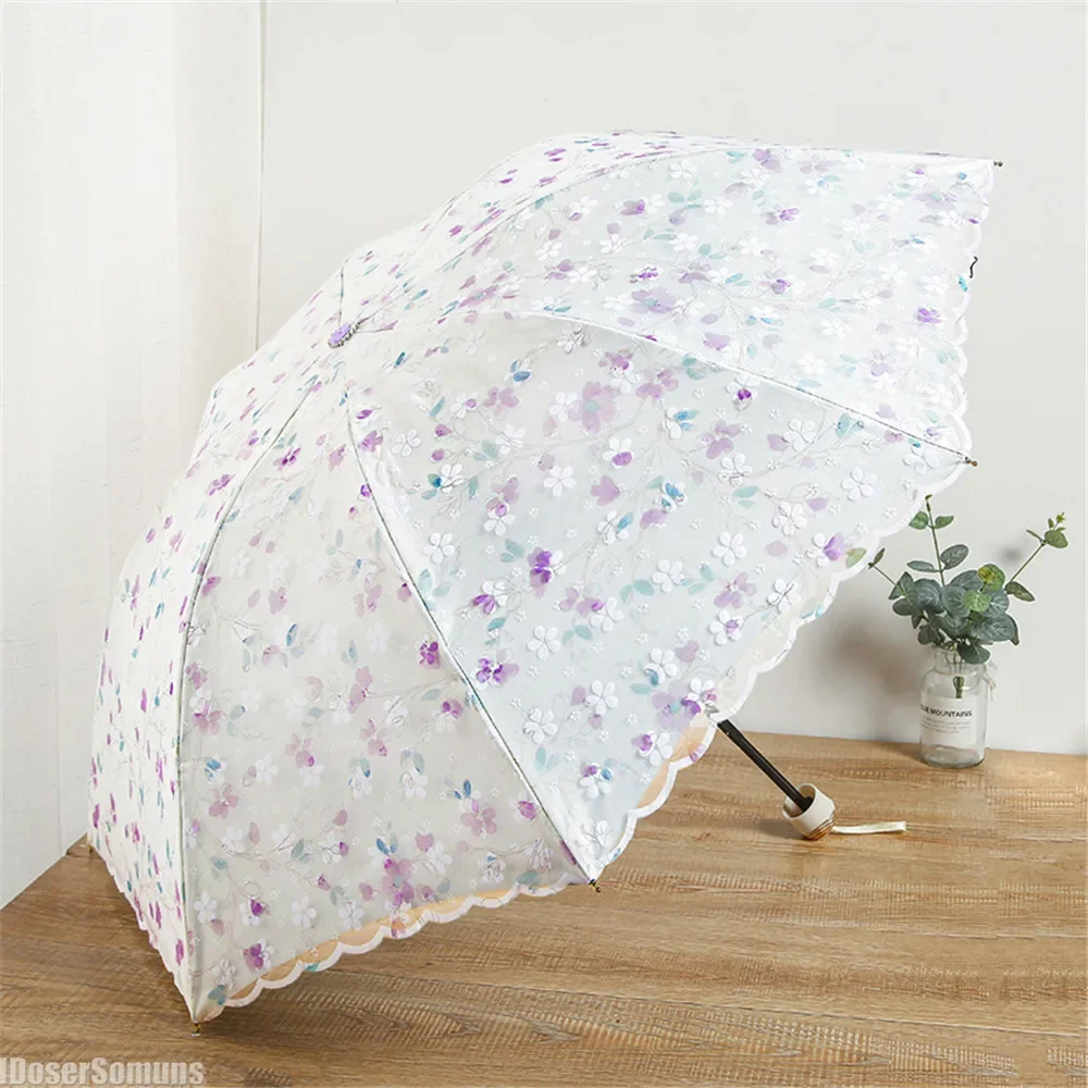 Elegant Women\'s Umbrella with Double Embroidery Lace Paraguas Uv Umbrella Rain and Sun Manual for Women Gift Parasol Rain Gear