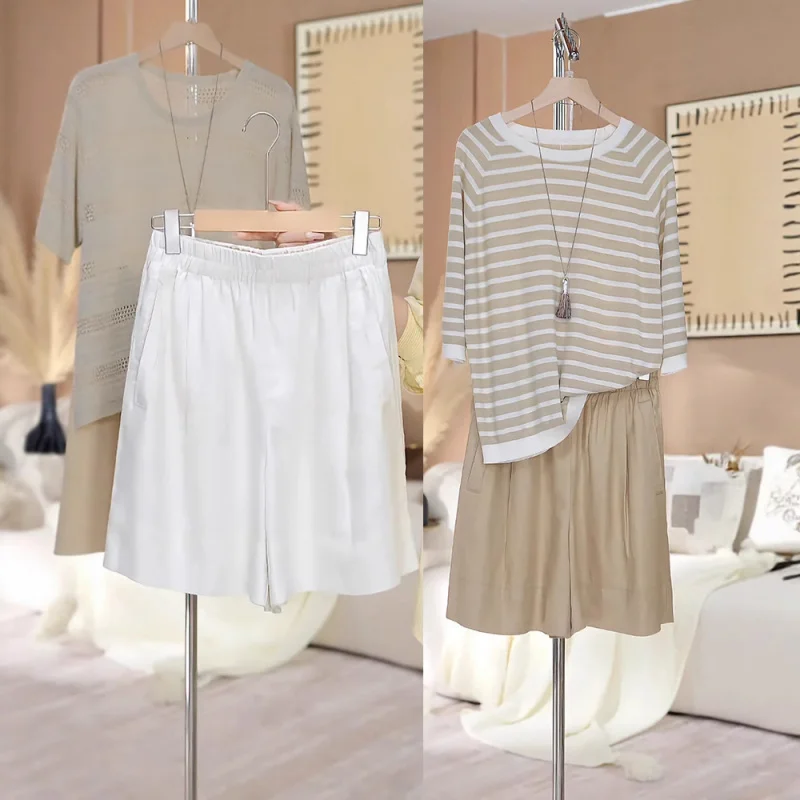 شورت نسائي من الكتان، ملابس صيفية بيضاء رفيعة، شورت متوسط الطول كاجوال بخمس نقاط