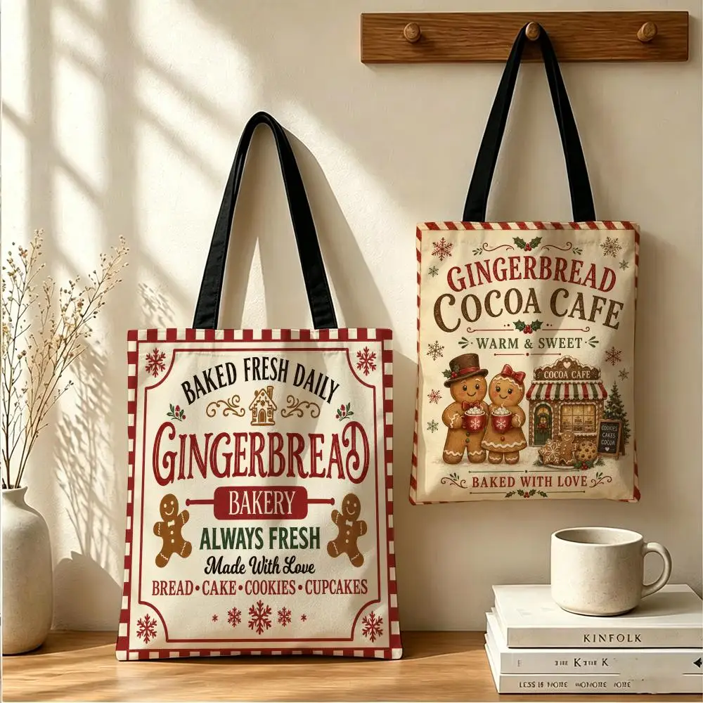 Gingerbread Bakery Signs Storage Bags Double-Sided Printed Canvas Tote Bag Eco-Friendly Reusable Large Capacity Handbag