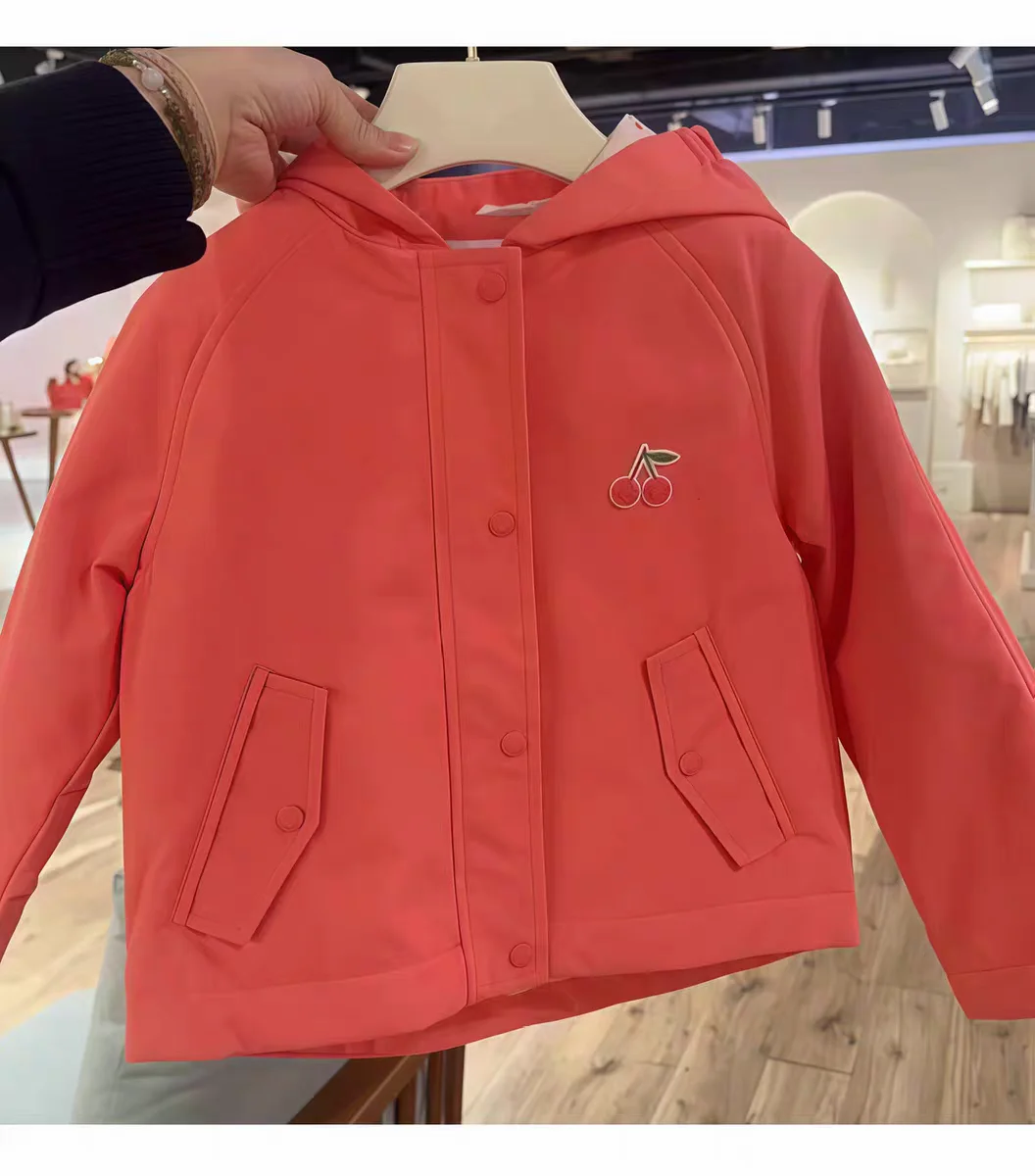 Girls Hooded Jacket 2026 Winter New Pink Cherry Embroidered Windproof Rainproof Trench Coat Cotton Pink Knit Sweater for Girls - view 3